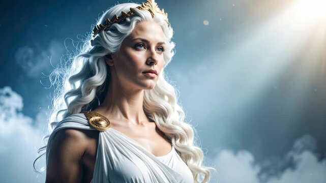 Regal woman with flowing white hair wearing a golden crown and ancient Greek chiton