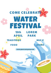 Fototapeta premium Songkran Thailand Water Festival Celebration Flat Vector Poster Illustration