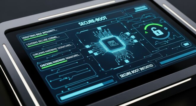 Digital display showing the initiation sequence for a secured system startup process