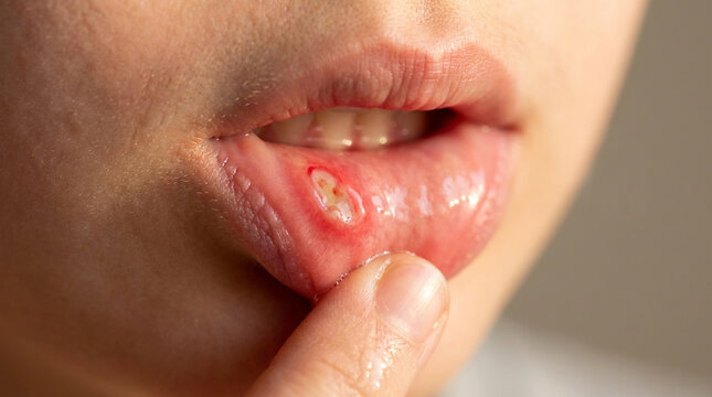 Close-up of a painful canker sore (aphthous ulcer) on the inside of a person's lower lip, indicating oral discomfort and a common medical condition