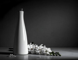 Still life white vase with floral arrangement, dark background