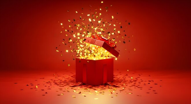 A red gift box exploding with sparkling confetti and a champagne bottle popping out. Chinese New Year 2026 Celebration.