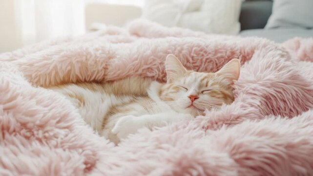 A serene ginger and white cat sleeps soundly nestled in a fluffy, pale pink, fuzzy blanket