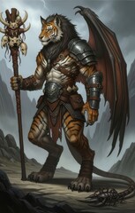 Powerful anthropomorphic feline warrior stands ready in a rugged, stormy landscape holding a skull-adorned staff