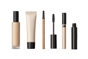 Obraz premium Collection of makeup products isolated on transparent background. Cosmetic products collection for beauty and makeup looks isolated on white background.