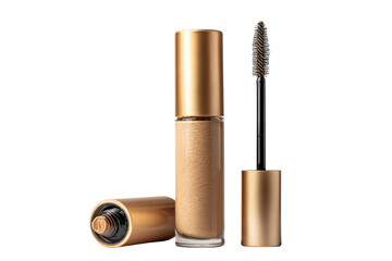 Gold mascara tube and wand isolated on transparent background. Luxury golden mascara tube and wand, makeup product isolated on white background.