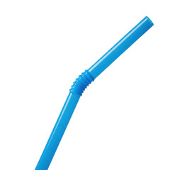 A sleek, glossy blue plastic drinking straw, bent at a sharp angle with a corrugated section, isolated against a transparent background with copy space. Concept of modern product design