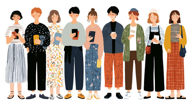 Grupa młodych ludzi w r&oacute;żnorodnych strojach trzymająca smartfony i kubki, ilustracja wektorowa