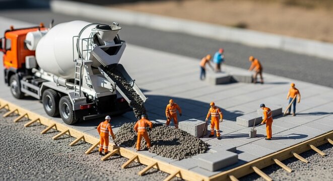 Miniature-style diorama of concrete road construction, tilt-shift photography effect creating realistic miniature illusion