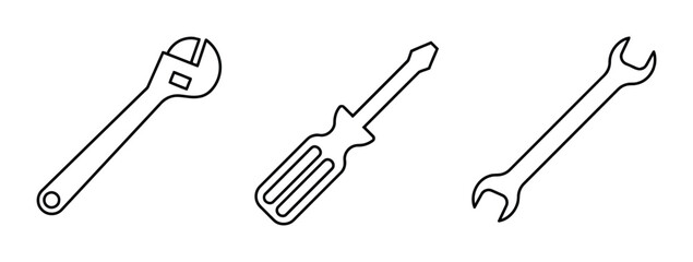 Naklejka premium Wrench Spanner Screwdriver Repair Tool Outline Style Icon Wrench Tool Outline Style for Home Renovation Construction and Fix Black Line Style Isolated