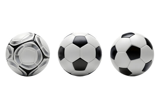 soccer ball set. Tree Realistic soccer balls or football balls isolated on transparent cutout background, cut out, png