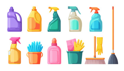 Kolekcja domowych środk&oacute;w czystości i narzędzi do sprzątania na przezroczystym tle, ilustracja wektorowa