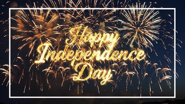 Happy independence day with colorful fireworks and white border