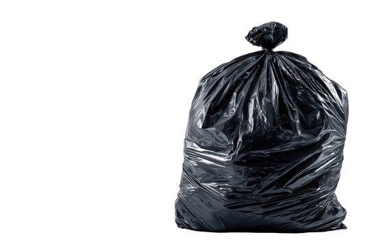 Full black trash bag isolated on transparent background. Black garbage bag tied shut isolated on white background.