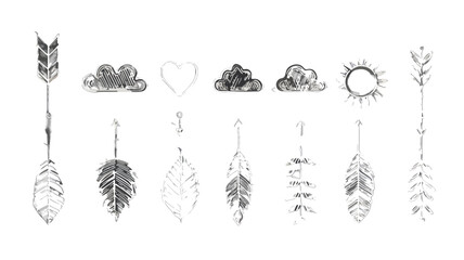 Zestaw ręcznie rysowanych element&oacute;w boho: strzały, pi&oacute;ra, chmury, serce i słońce na przezroczystym tle.