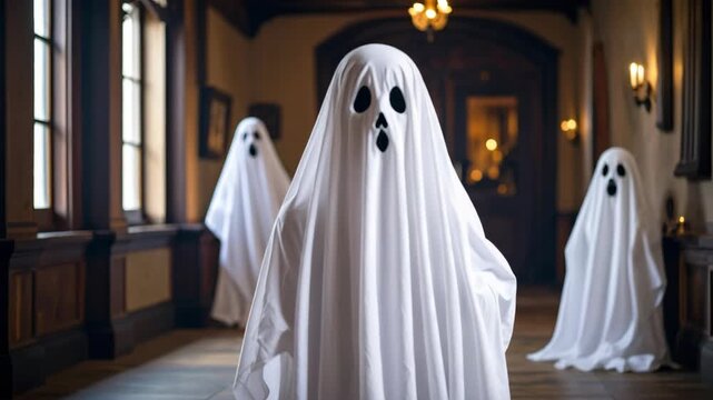 Three friendly ghosts in traditional white sheets with cutout eyes and mouths stand in a dimly lit hallway of an old house.