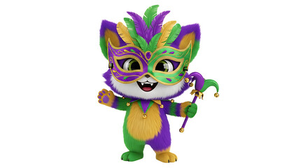 Cartoon cat in mardi gras mask isolated on transparent background