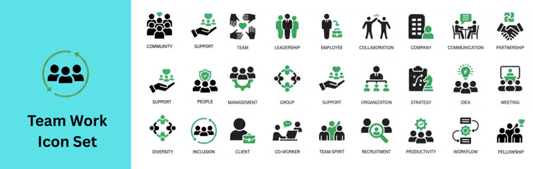 Team Work Icon Set. Business Team icon set. Business team working together symbol contain team, partnership, collaboration, work group, management, working together etc. Solid vector icon set. 