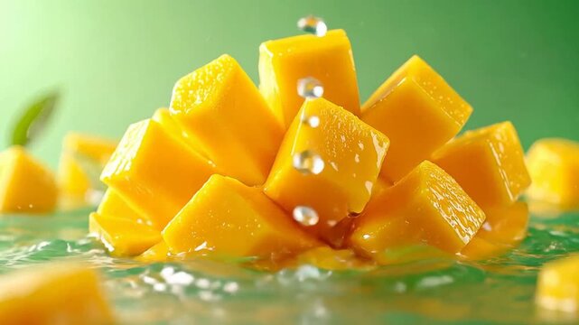 Freshly cut mango slices splash dramatically in refreshing water, showcasing vibrant colors.