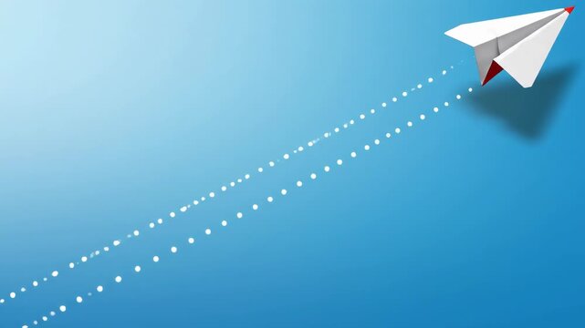 A white paper airplane flying through a blue sky with white dots trailing behind it