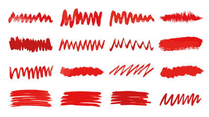 Zbi&oacute;r czerwonych, akwarelowych pociągnięć pędzlem i linii na białym tle, idealny do projekt&oacute;w graficznych.