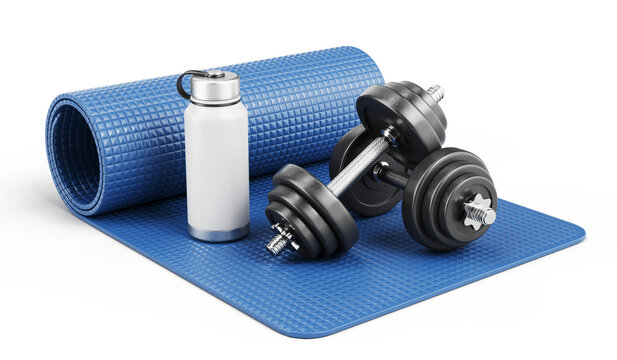 Exercise mat with gym dumbbells weights and water bottle - Fitness, gym concept