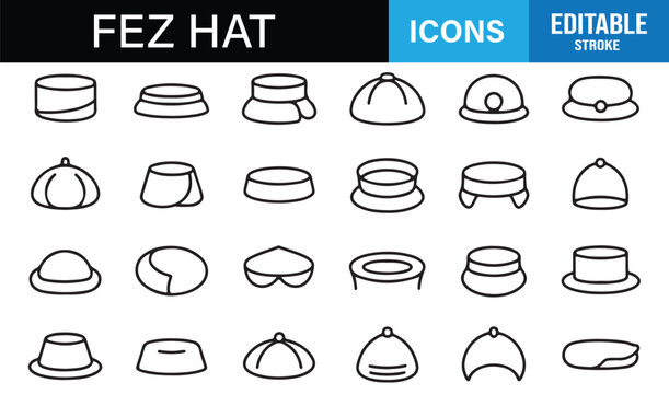 Editable fez hat icons in minimal linear outline style