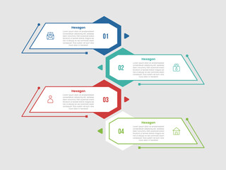 hexagon shape infographic diagram with opposite content with slice cut container box on vertical list with 4 step for slide presentation