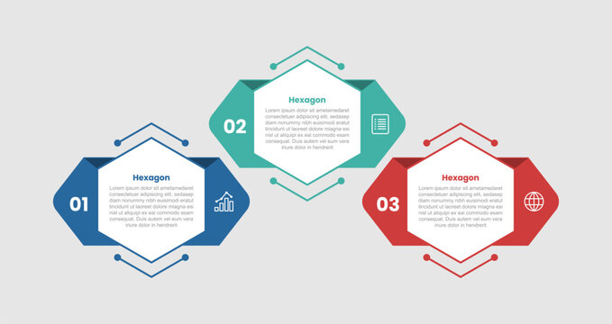 hexagon shape infographic diagram with up and down and ribbon badge behind with 3 step for slide presentation