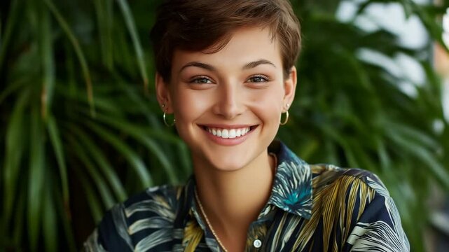 Young caucasian female with short hair in patterned shirt posing confidently