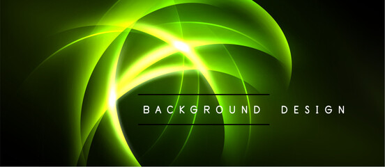 Obraz premium Bright neon green curves radiate from center. Dark background emphasizes glowing lines, creating dynamic visual effect. Modern design element.