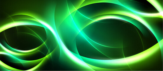 Fototapeta premium Abstract green energy flows, luminous curves, dark background. Dynamic shapes suggest movement, modern design elements present.