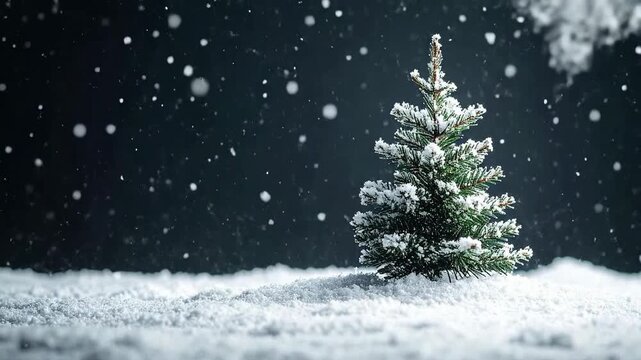 A small Christmas tree stands in the snow, with falling snowflakes, captured in a moody lighting.