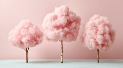 Three Fluffy Pink Trees Displayed on a Soft Minimalist Background in an Elegant Modern Setting