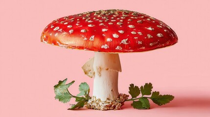 Vibrant Red Mushroom with White Spots Set Against a Soft Pink Background Surrounded by Fresh Greenery