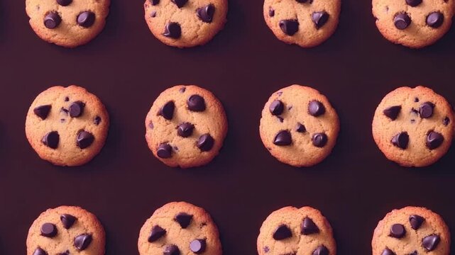 A top-down grid of perfectly baked, golden-brown chocolate chip cookies on a dark brown backdrop
