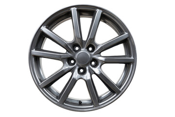 Obraz premium Shiny silver alloy car wheel with ten spokes isolated on transparent background. Stylish alloy wheel for modern vehicles, grey finish isolated on white background.