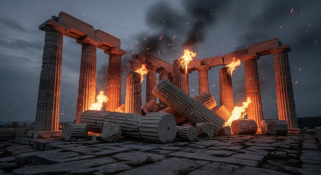 Ancient temple engulfed in flames with crumbling columns and smoke