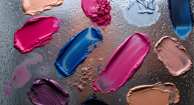 Close up of palette of different colors of paint on metal surface.