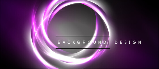Naklejka premium Dark background features glowing purple circular layers. Text reads background design centered within circle. Minimalist, modern aesthetic.