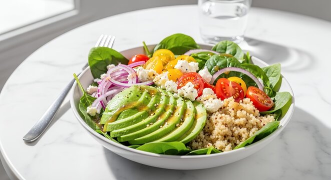 White bowl filled with salad and topped with avocas tomatoes cus avoca.
