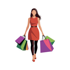 Shopping Woman Carrying Colorful Bags Vector Illustration. Woman Shopper Fashion Retail Illustration with Shopping Bags. 