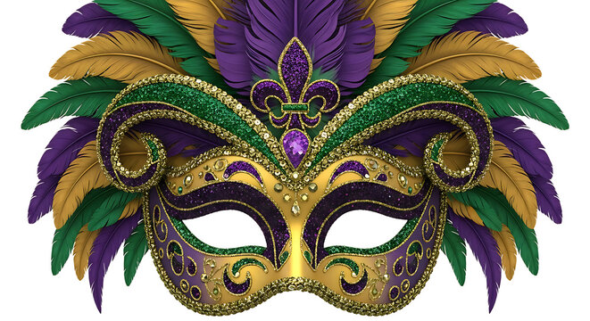 Mardi gras mask with feathers and fleur-de-lis, isolated on transparent background