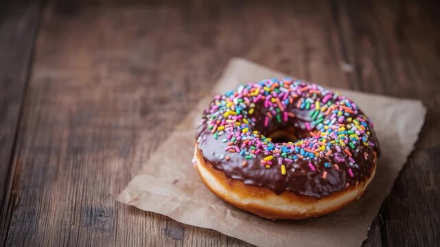 A vibrant donut with chocolate icing and colorful sprinkles on parchment paper atop a wooden surface
