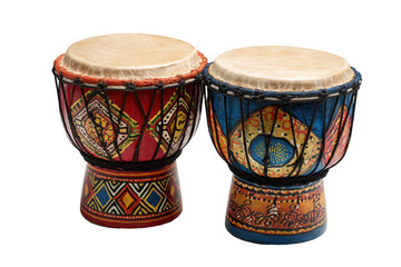 Two Djembe Drums with Traditional African Patterns, Studio Lighting Isolated on Transparent Background