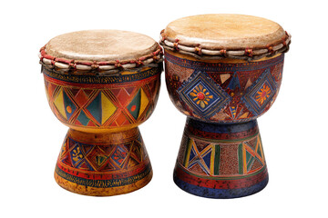 Two African Djembe Drums with Colorful Patterns Illuminated by Studio Light Isolated on Transparent Background