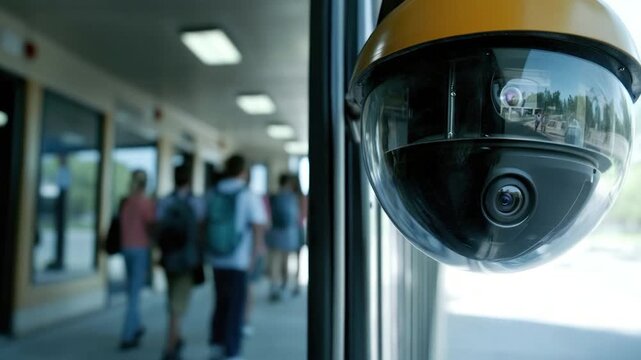 A surveillance camera hangs, capturing a hallway with blurred figures.  Security is present