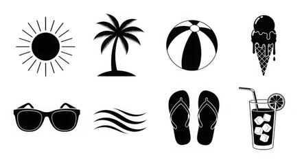 Obraz premium A collection of black and white summer icons on transparent background