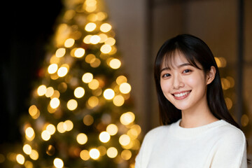 クリスマスツリーのイルミネーションを背景に微笑む日本人女性のポートレート