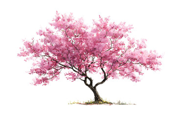 Naklejka premium Pink cherry blossom tree with grass isolated on transparent background. Beautiful pink cherry blossom tree in full bloom isolated on white background.